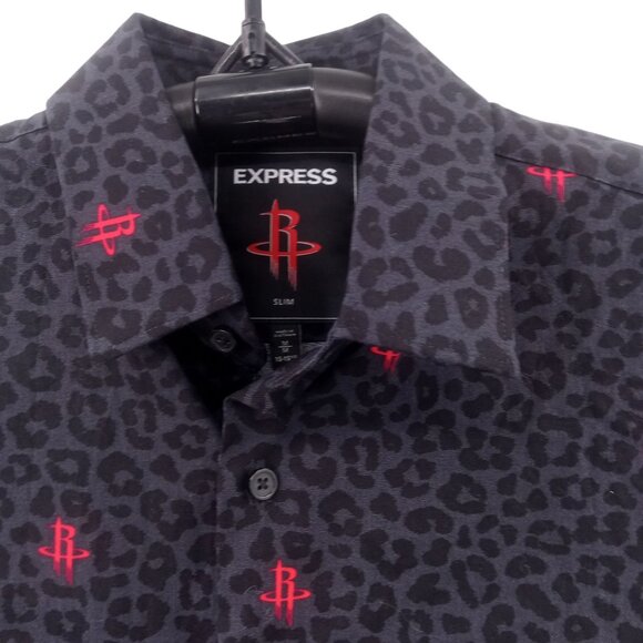 Express Mens Black Houston Rockets Slim Dress Shirt Size M 15" 15.5" Leopard - Picture 3 of 16
